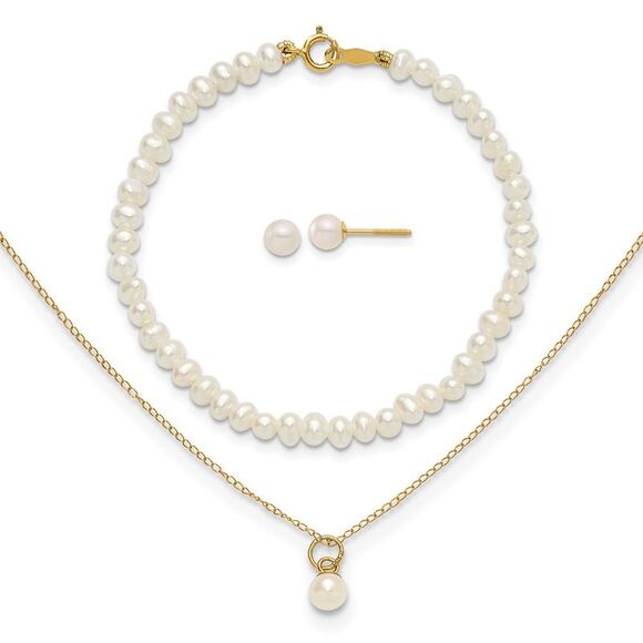 14k Yellow Gold White FWC Pearl 15 Necklace Earrings & 5.5 Bracelet 3pc Set